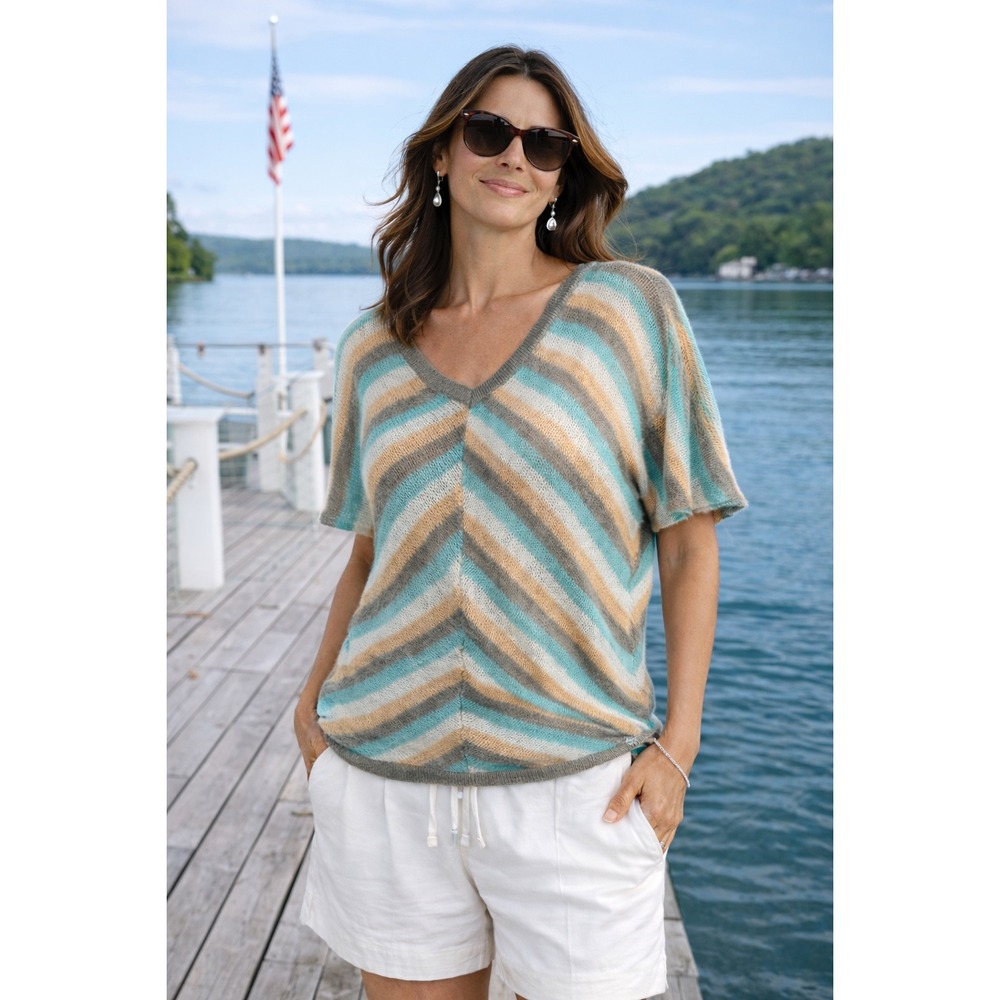 Wooden Ships Anthropologie Mohair Wool Striped V-Neck Sweater M/L Aqua Blue